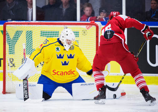 Sveriges målvakt Erik Källgren räddar ett skott från