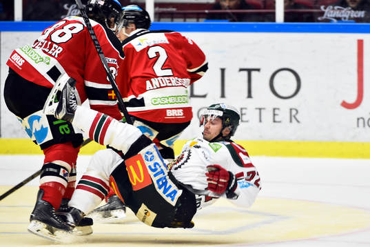 Frölundas Patrik Carlsson och Malmö Redhawks Peter Mueller