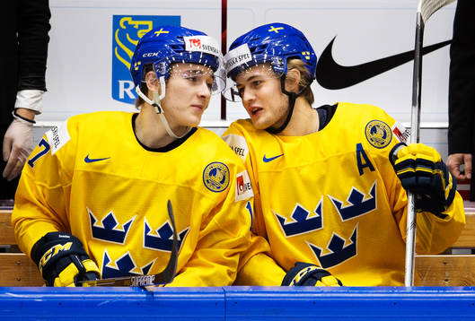 Sveriges Dmytro Timashov och William Nylander pratar med