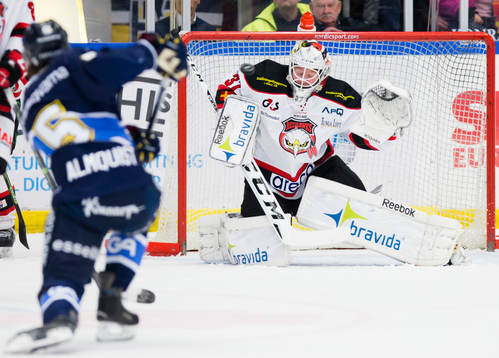 s Adam Almquist skjuter mot Malmö Redhawks målvakt Jonas