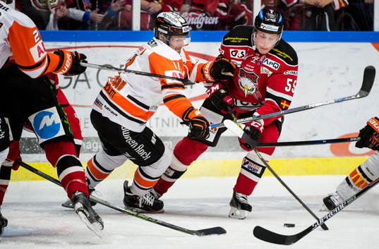 Malmö Redhawks Johan Björk i kamp mot Karlskronas Robin