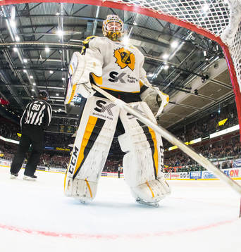 Skellefteås målvakt Erik Hanses hämtar pucken i målburen