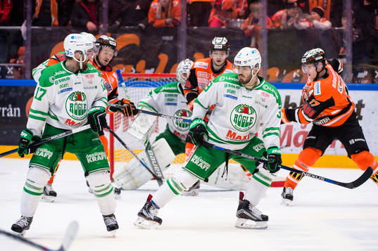 Rögles Almen Bibic stoppar en puck