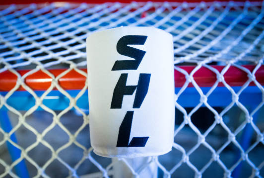 Vattenflaskhållare på ishockeymålet med SHL logotyp