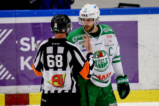 Rögles Christopher Liljewall pratar med domaren Morgan