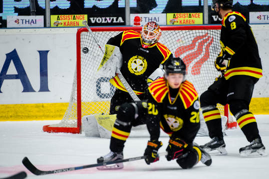 Brynäs Adam Brodecki täcker skott framför Brynäs