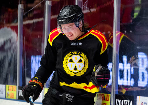 Brynäs Marcus Ersson firar genom att hoppa in i plexiglaset