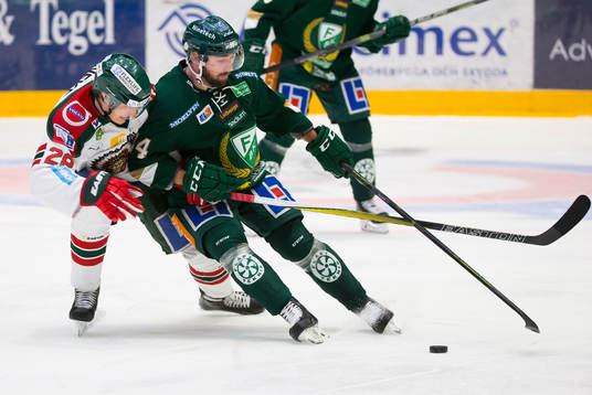 Frölundas Johan Persson och Färjestads Milan Gulas i kamp