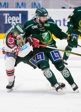 Frölundas Johan Persson och Färjestads Milan Gulas i kamp