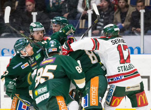Färjestads Martin Röymark och Tomas Skogs i fight med
