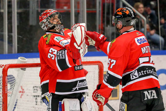 Örebros målvakt Julius Hudacek och Johan Motin jublar
