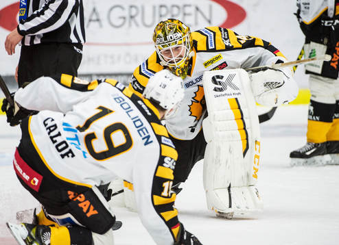 Skellefteås målvakt Erik Hanses och Andrew Calof jublar