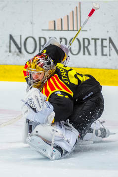 Brynäs målvakt Bernhard Starkbaum räddar skott med