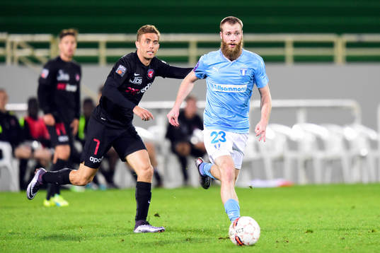 Malmö FFs Jo Inge Berget och Midtjyllands Jakob Poulsen