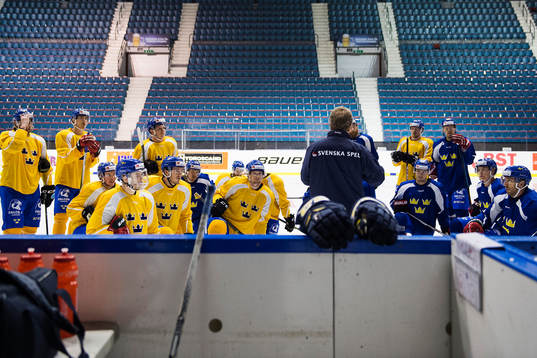 Spelarna samlas kring förbundskapten Pär Mårts