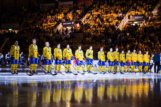 Sveriges spelare står uppställda för nationalsången