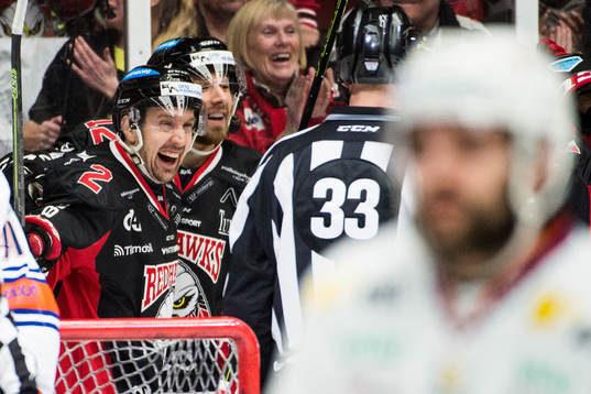 Malmö Redhawks Erik Andersson och Andreas Thuresson jublar
