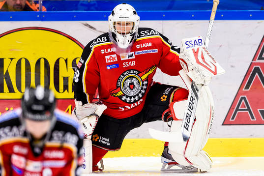 Luleås målvakt Albin Enqvist på uppvärmningen