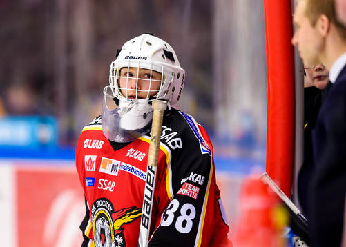 Luleås målvakt Albin Enqvist på uppvärmningen