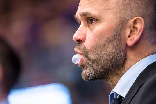 Brynäs assisterande tränare Tommy Sjödin blåser en