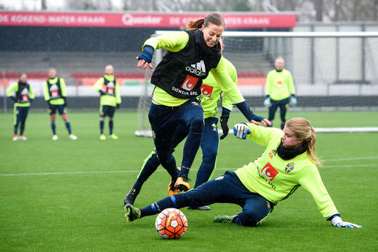 Sveriges Lotta Schelin och målvakt Emelie Lundberg