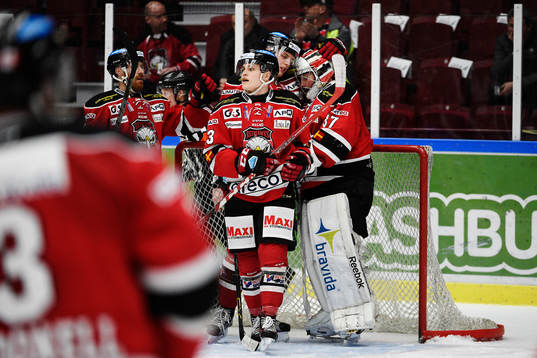 Malmö Redhawks spelare jublar med målvakt Jonas Gunnarsson