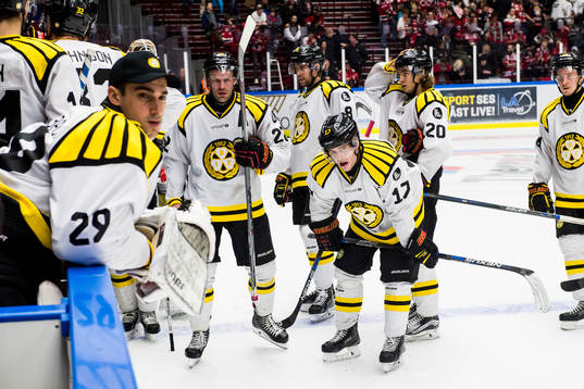 Brynäs spelare med Pathrik Westerholm (m) deppar