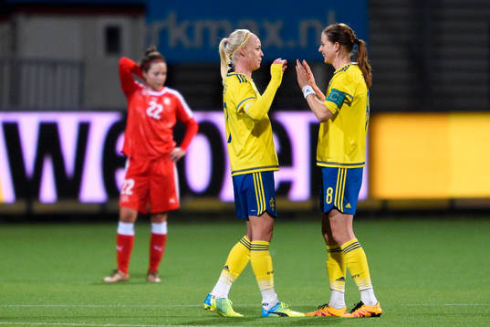 Sveriges Caroline Seger och Lotta Schelin jublar
