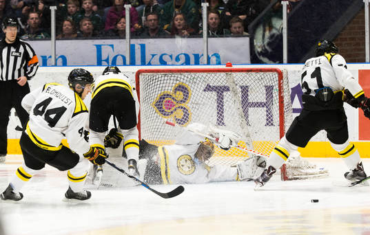 Brynäs Jacob Blomqvist , målvakt Bernhard Starkbaum  och