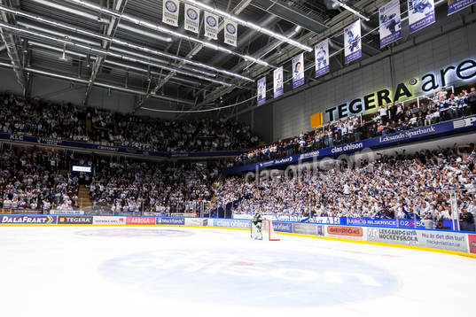 Ett fullsatt Tegera Arena jublar i ishockeymatchen i Play