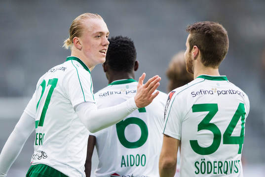 Hammarbys Isac Lidberg (tv) jublar med Måns Söderqvist