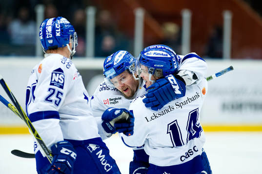 Leksands Matias Lassen, Viktor Amnér och Oskar Lang jublar