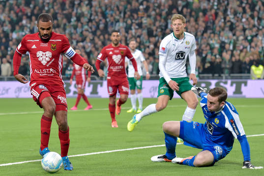 Östersunds Alex Dyer oroar framför Hammarbys målvakt