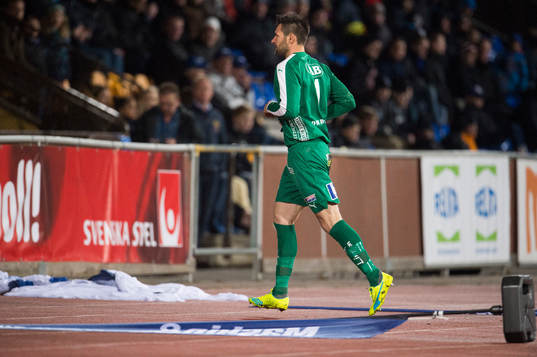 Halmstads målvakt Stojan Lukic lämnar planen tillfälligt