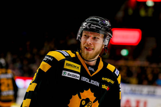 Skellefteås Alexander Urbom flinar mot Växjös bås