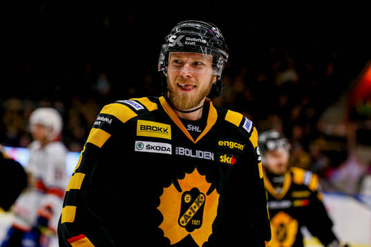 Skellefteås Alexander Urbom flinar mot Växjös bås