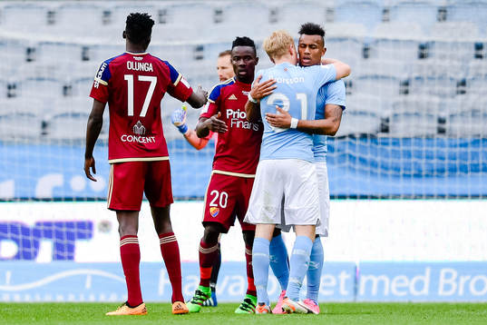 Malmö FFs Franz Brorsson och Felipe Carvalho jublar