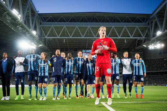 Djurgårdens spelare med målvakt Hampus Nilsson längst