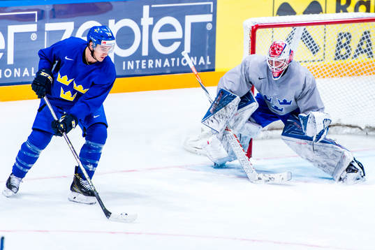 Mikael Backlund framför målvakt Viktor Fasth