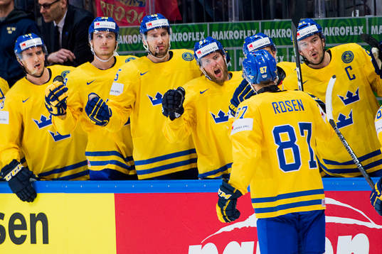 Sveriges Robert Rosen firar han gjort 1-0 med bänken