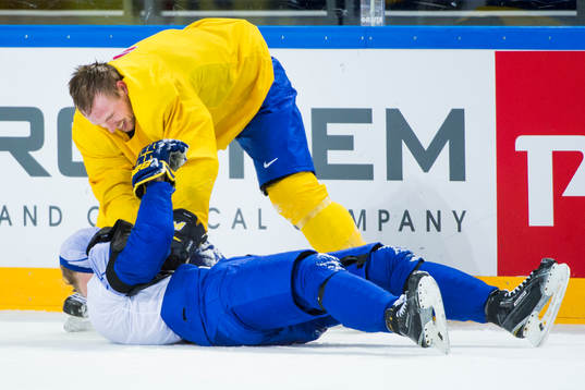 Sveriges Martin Lundberg och Adam Larsson brottas