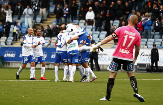 Norrköpings spelare jublar och GIF Sundsvalls målvakt