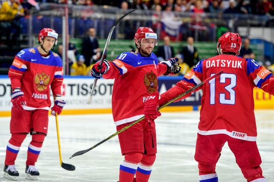 Rysslands Nikita Zaitsev, Sergei Mozyakin och Pavel Datsyuk