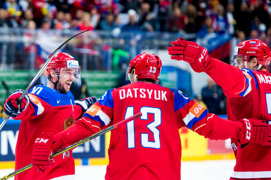Rysslands Nikita Zaitsev, Sergei Mozyakin och Pavel Datsyuk
