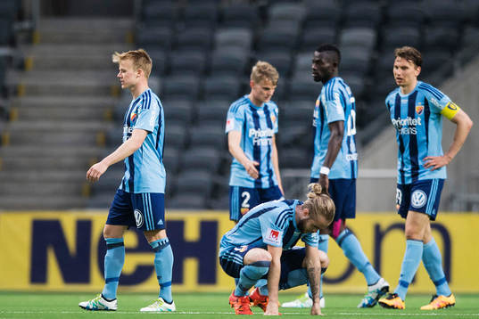 Djurgårdens spelare med Daniel Berntsen längst fram deppar