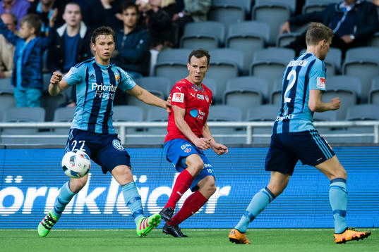 Helsingborgs Anton Wede (m) med ett inlägg mellan