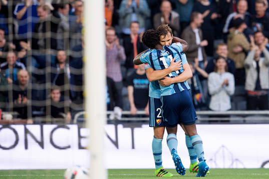 Djurgårdens Jesper Karlström och Amadou Jawo jublar