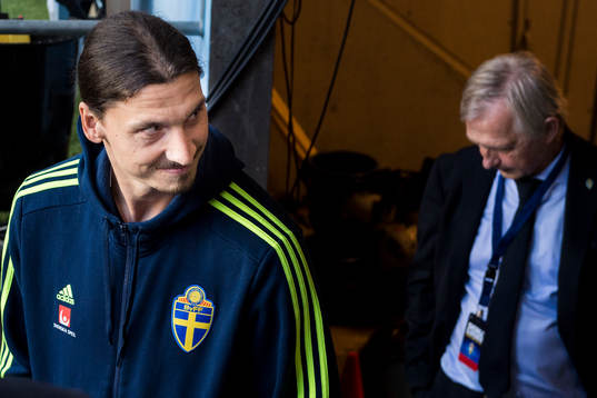 Sveriges Zlatan Ibrahimovic och landslagschef Lars Richt