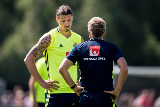 Zlatan Ibrahimovic i samtal med förbundskapten Erik Hamrén