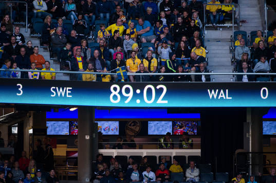 Resultattavlan visar 3-0 till Sverige i minut 90